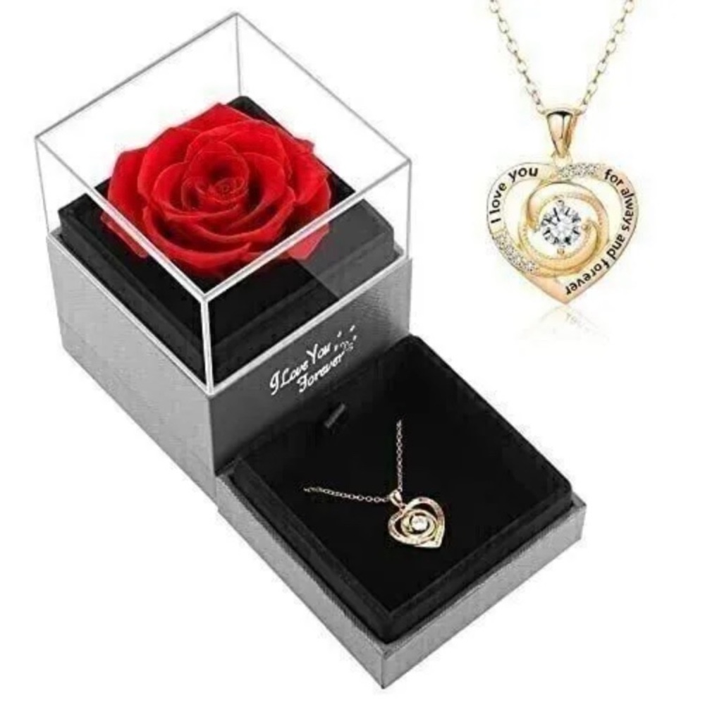 Preserved Real Rose with Heart Necklace Gifts Valentines Day Gifts for Her- Red